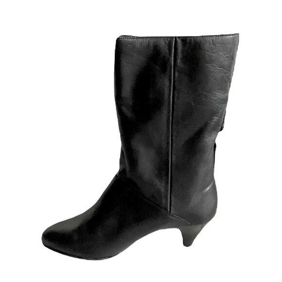 Leather Mid-Calf Sherpa Lined Heeled Boots Buckle Winter Black 10 - Picture 3 of 14